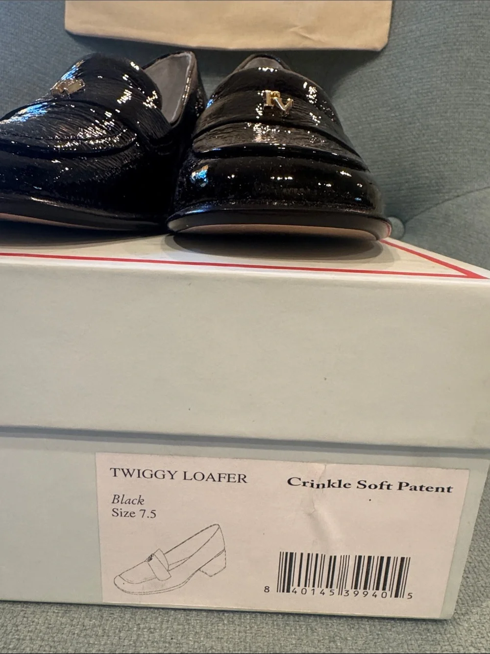 Frances Valentine Black crinkle soft Patent Loafers Gold FV Logo-Twiggy Loafer - Picture 10 of 11